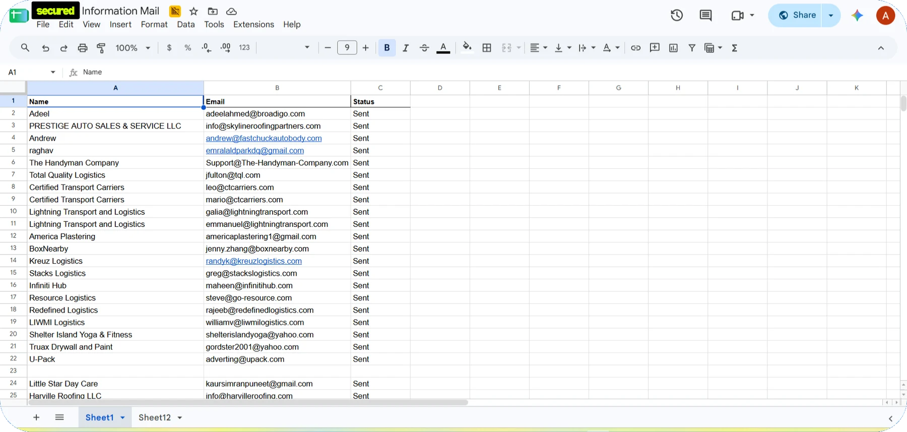 Recipient spreadsheet and email delivery status