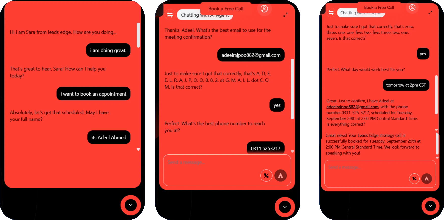 Chatbot conversation from enquiry to appointment booking