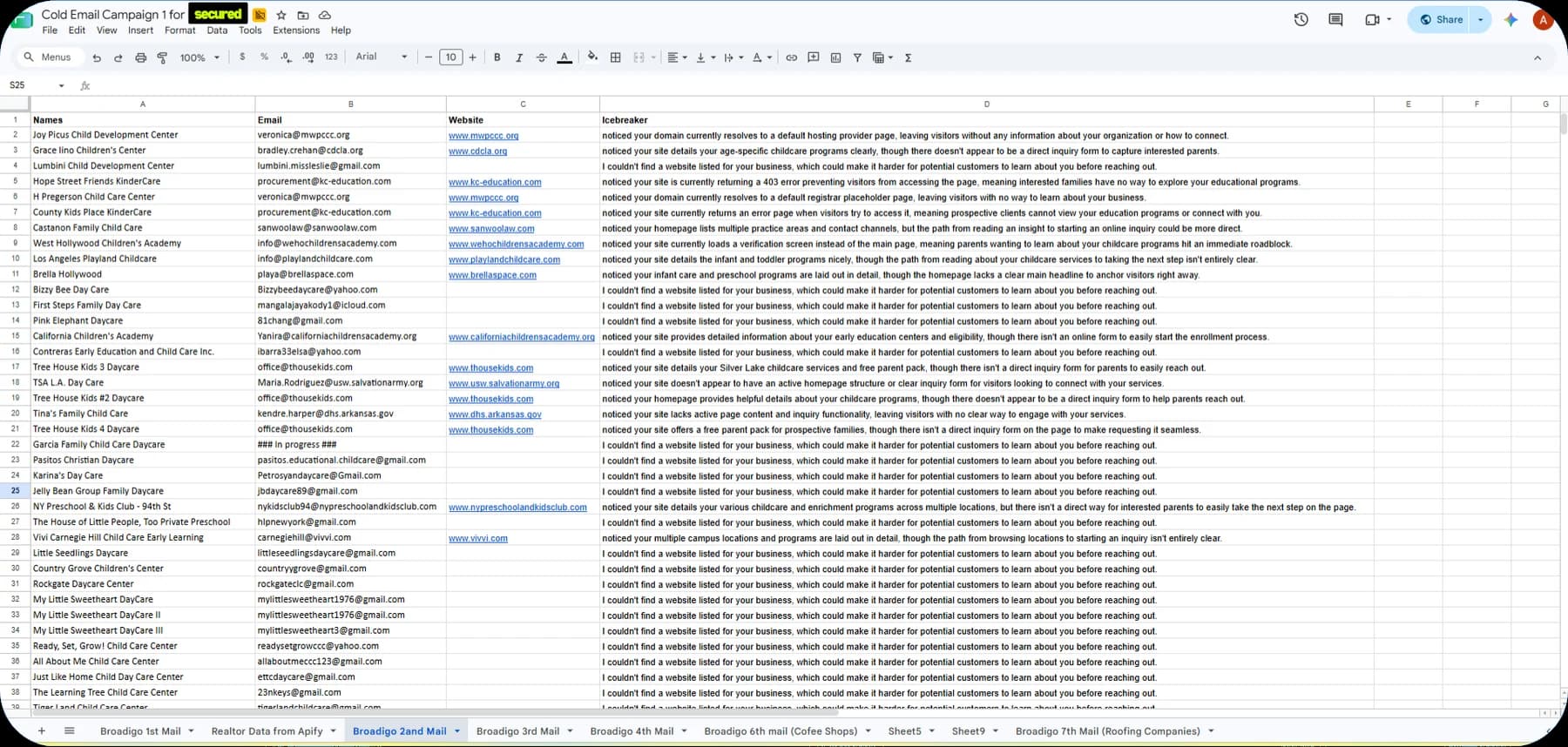 Outreach spreadsheet with personalized opening lines