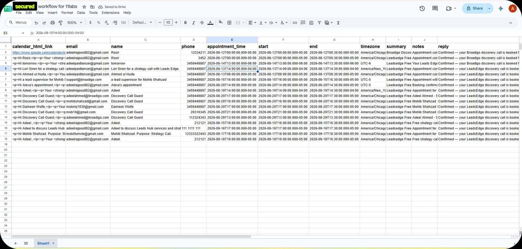 Appointment records and conversation details in Google Sheets